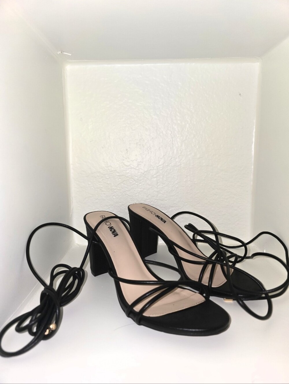 Fashion Nova Black Strappy Block Heel Sandals with Wrap Laces